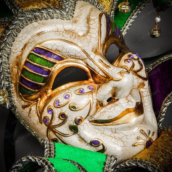 Mardi Gras Luxury Jester Crackle Joker Venetian Masquerade Theater Act Face Mask - Picture 4 of 9